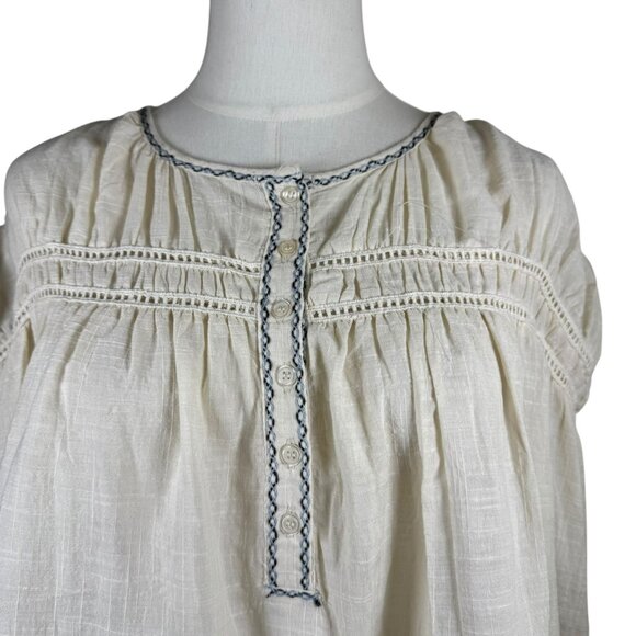 Max Studio Embroidered Boho Peasant Top Ivory Blue Floral Tunic Blouse SZ:L NWT - Picture 3 of 7
